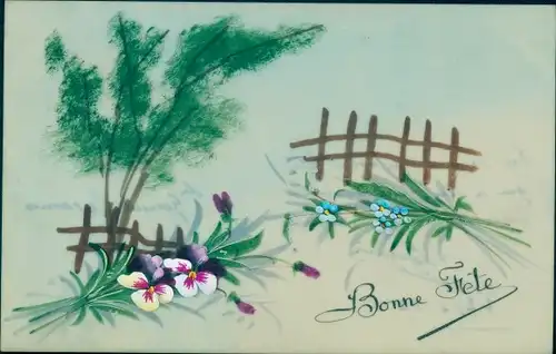 Zelluloid Ak Glückwunsch, Bonne Fete, Stiefmütterchen, Vergissmeinnicht, Zaun, Bäume