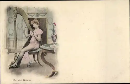 Ak Chemise Empire, Frau in rosa Kleid spielt Harfe