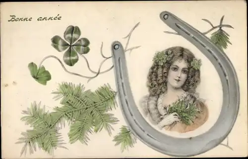 Ak Glückwunsch Neujahr, Hufeisen, Kleeblätter, Frau mit Locken