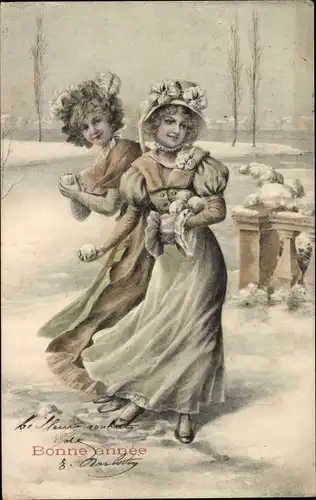 Ak Glückwunsch Neujahr, Zwei Frauen mit Schneebällen