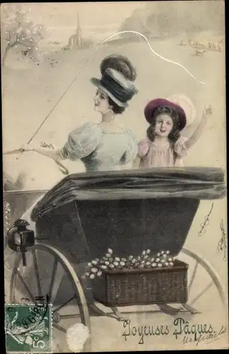 Ak Glückwunsch Ostern, Frau und Mädchen auf einer Kutsche