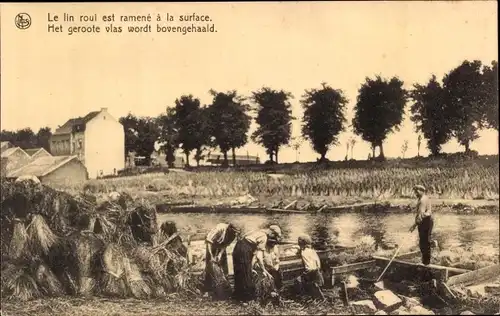 Ak Le lin roui est ramené a la surface, Strohgarben, Landwirtschaft, Fluss, Flachs