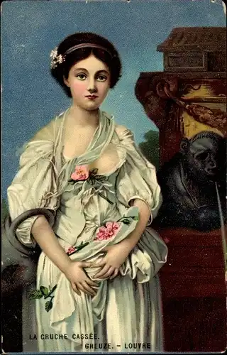 Ak La Cruche Cassee, Frau in weißem Kleid, Portrait