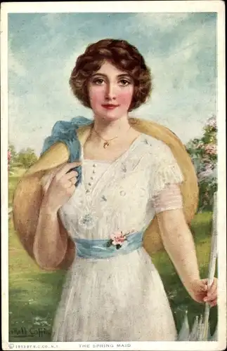 Künstler Ak The Spring Maid, Frauenportrait, Weißes Kleid, Hut
