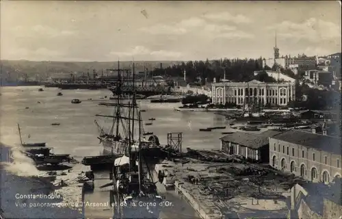 Ak Konstantinopel Istanbul Türkei, Blick auf den Hafen, Stadtansicht auf das Arsenal, Corne d'Or