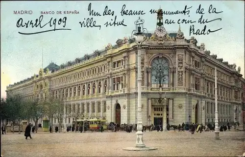 Ak Madrid Spanien, Banco de Espana, Straßenbahn
