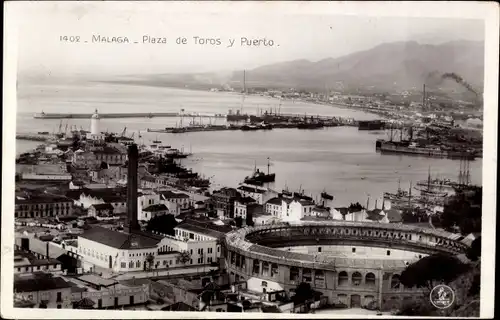 Ak Málaga Andalusien Spanien, Plaza de Toros y Puerto