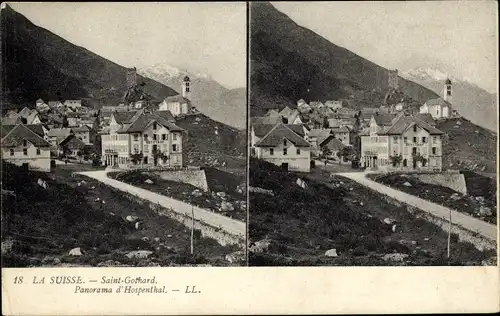 Stereo Ak Hospental Kt. Uri Schweiz, Saint Gothard, Panorama d'Hospenthal