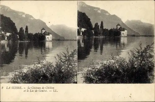 Stereo Ak Veytaux Kanton Waadt, Château de Chillon et le Lac de Geneve
