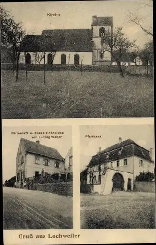 Ak Lochwiller Bas-Rhin, Kirche, Wirtschaft und Spezereihandlung Ludwig Weber, Pfarrhaus