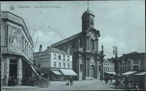 Ak Charleroi Wallonien Hennegau, Place du Centre et Église