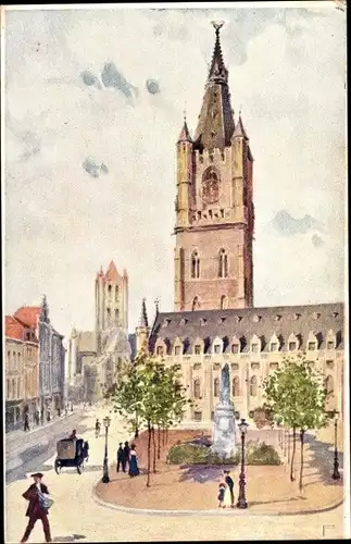 Künstler Ak Gand Ostflandern, Le Beffroi et la Halle aux Draps