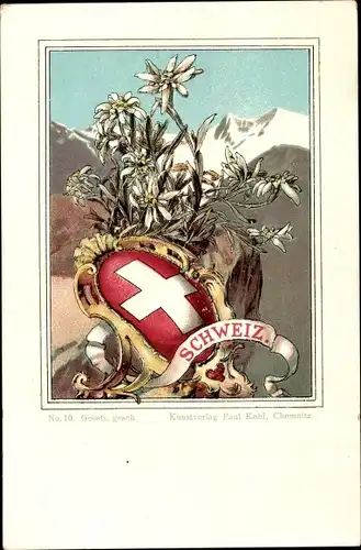 Wappen Litho Schweiz, Landeswappen, Edelweiß, Gebirge