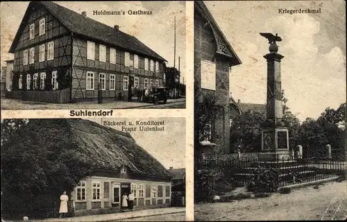 Ak Suhlendorf in der Lüneburger Heide, Holdmann's Gasthaus, Kriegerdenkmal, Bäckerei