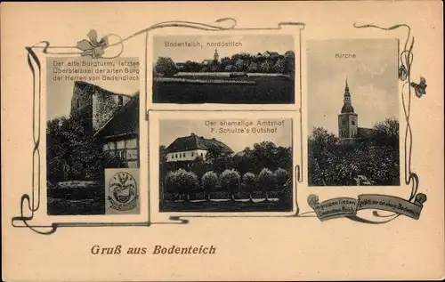 Ak Bad Bodenteich in der Lüneburger Heide, Kirche, Amtshof, F. Schulze's Gutshof, Burgturm