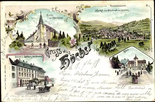 Litho Höchst Odenwald Hessen, Kirche mit Pfarrhaus, Gasthaus zur Post, Kloster