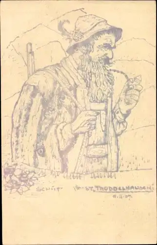 Künstler Ak Bärtiger Mann in bayrischer Tracht mit Pfeife, Truddelhausen ?