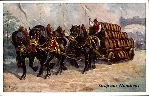 Künstler Ak Gruß vom Oktoberfest, Pferdewagen