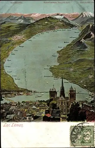 Landkarten Ak Nyon Kanton Waadt, Lac Leman, Hermance, Morges, Rolle, Calagny