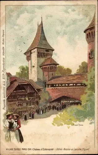 Künstler Litho Paris, Expo 1900, Village Suisse, Château d'Estavazer