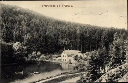 Ak Freiheitsau Region Mährisch Schlesien, Haus am See