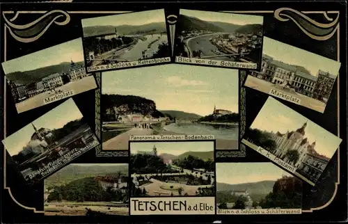 Ak Děčín Tetschen an der Elbe Region Aussig, Marktplatz, Post, Panorama, Schloss, Schäferwand