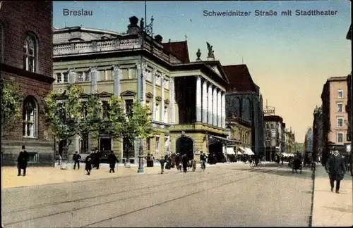 Ak Wrocław Breslau Schlesien, Schweidnitzer Straße mit Stadttheater, Passanten