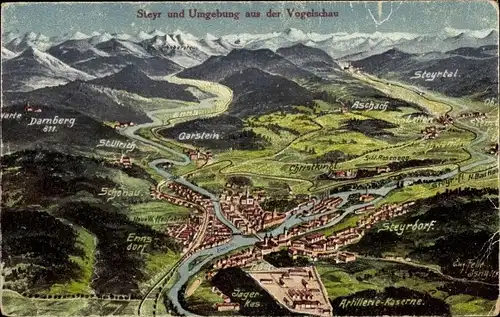 Ak Steyr in Oberösterreich, Panorama, Umgebung, Kaserne, Vogelschau