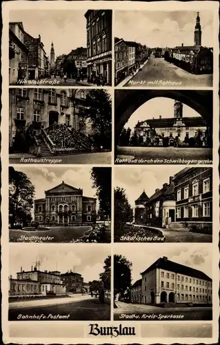Ak Bolesławiec Bunzlau Schlesien, Bahnhof, Post, Stadttheater, Nikolaistraße, Markt, Rathaus