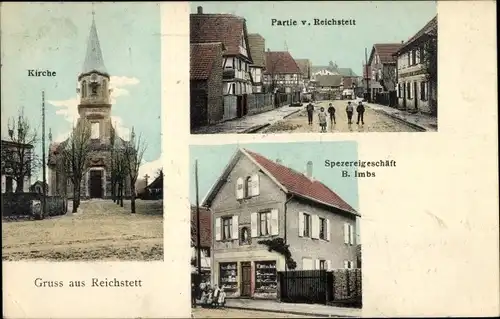 Ak Reichstett Elsass Bas Rhin, Spezereienhandlung, Kirche, Straßenpartie