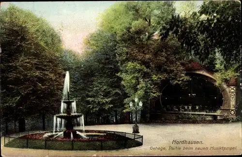 Ak Nordhausen am Harz, Gehege, Partie beim neuen Musiktempel, Brunnen