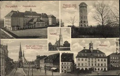 Ak Burgstädt in Sachsen, Zentralschule, Wasserturm, Rathaus, Markt