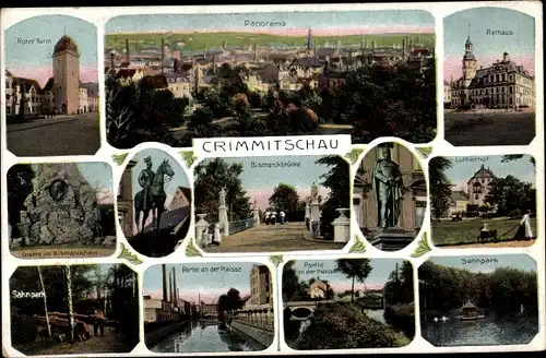 Ak Crimmitschau Kreis Zwickau, Roter Turm, Grotte, Sahnpark, Pleisse, Lutherhof