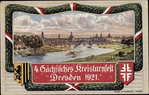 Wappen Künstler Ak Dresden, 4. Sächsisches Kreisturnfest 1921, Stadtansicht vom Waldschlösschen aus