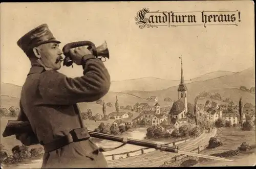Ak Landsturm heraus, Soldat in Uniform mit Trompete, Bajonett, Blick auf eine Stadt