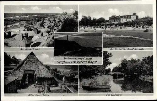 Ak Niechorze Horst Pommern, Ostseebad, Badestrand, Hotel Seeadler, Rauchhaus, Leuchtturm, Lieblose