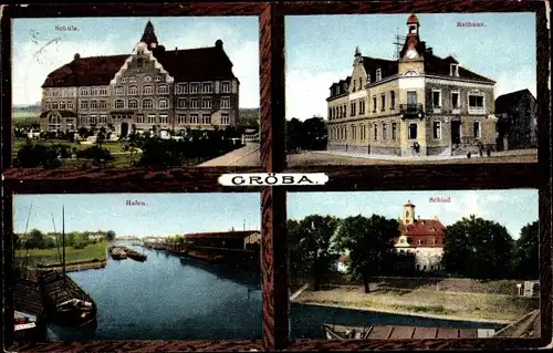Ak Gröba Riesa an der Elbe Sachen, Schloss, Rathaus, Hafen