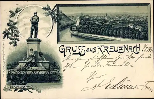 Litho Bad Kreuznach in Rheinland Pfalz, Bismarck-Denkmal, Panorama vom Ort