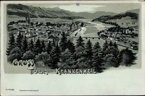 Mondschein Litho Bad Tölz in Oberbayern, Krankenheil, Panorama vom Ort