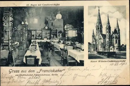 Ak Berlin Mitte, Friedrichstraße, Franciskaner, Kaiser Wilhelm-Gedächtniskirche