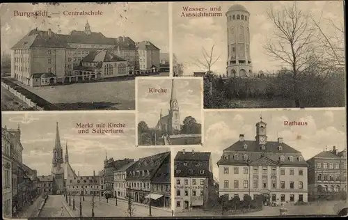 Ak Burgstädt in Sachsen, Zentralschule, Wasserturm, Rathaus, Markt, Seigerturm