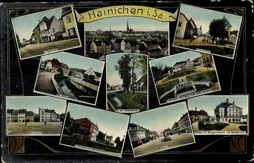 Ak Hainichen in Sachsen, Langestraße, Gellertstraße, Markt, Am Damm, Gellertplatz mit Denkmal