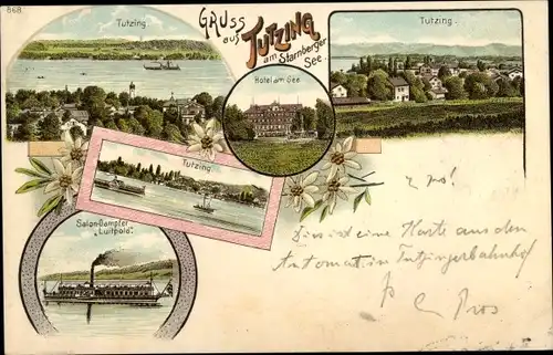 Litho Tutzing am Starnberger See Oberbayern, Hotel am See, Salondampfer Luitpold, Totale