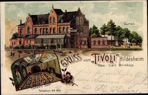 Litho Hildesheim in Niedersachsen, Gastwirtschaft Tivoli, Außenansicht, Garten, Konzertsaal