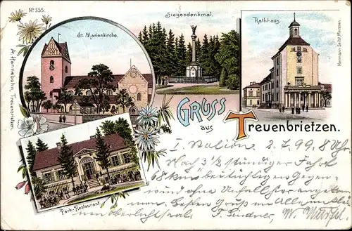 Litho Treuenbrietzen in Brandenburg, St. Marienkirche, Siegesdenkmal, Rathaus, Park-Restaurant