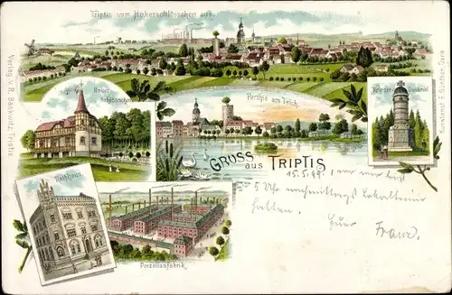 Litho Triptis in Thüringen, Teich, Kriegerdenkmal, Porzellanfabrik, Schlösschen, Rathaus