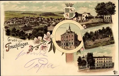 Litho Treuchtlingen im Altmühltal Mittelfranken, Bahnhofstraße, Schloss, Rathaus, Burgruine