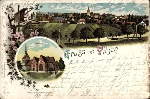 Litho Bruchhausen Vilsen Landkreis Diepholz, Gesamtansicht der Ortschaft, Felder, Kirche, Vogelhaus