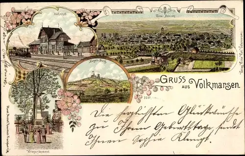 Litho Volkmarsen in Hessen, Bahnhof, Gleisseite, Kriegerdenkmal, Totalansicht