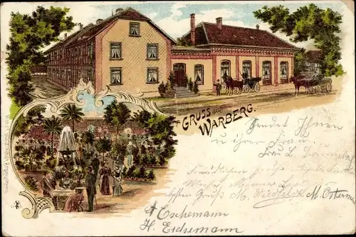 Litho Warberg in Niedersachsen, Partie an einem Gasthaus, Kutschen